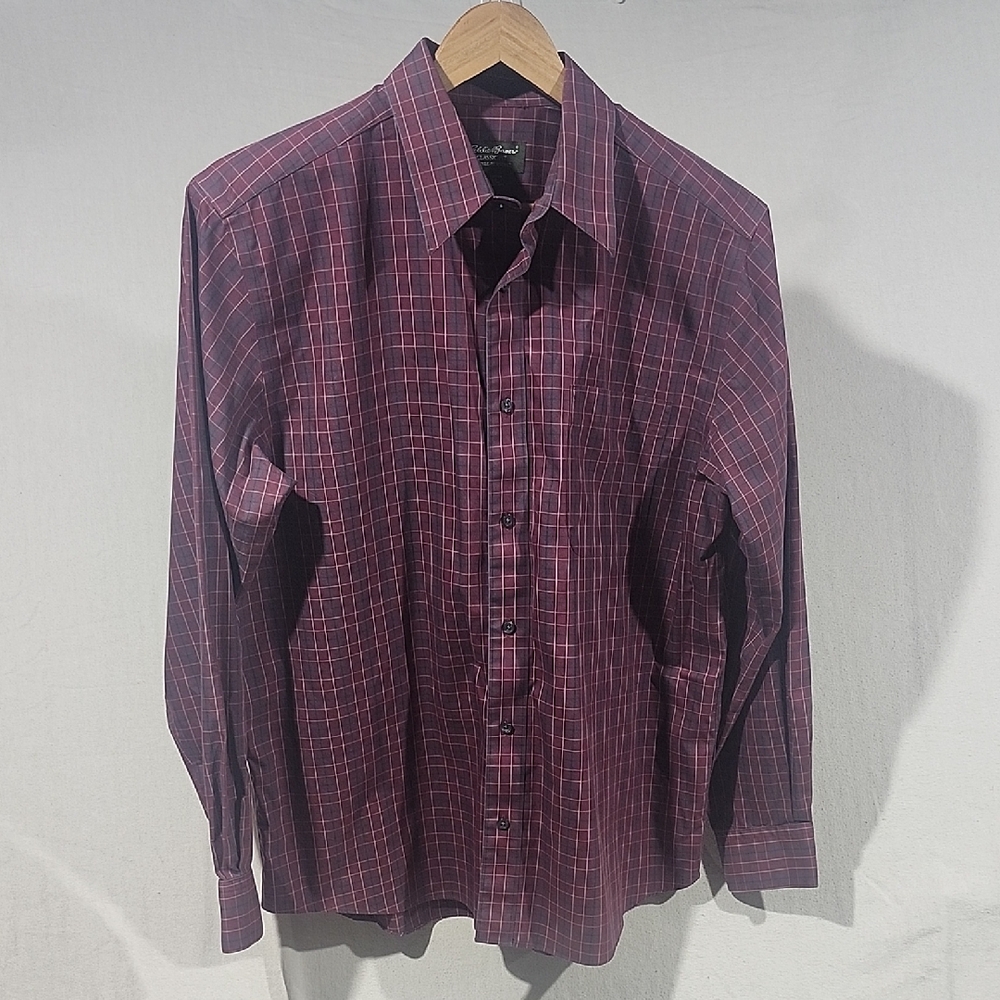 Eddie Bauer‎ Classic Fit Wrinkle Resistant Men's Burgundy Plaid Cotton Shirt -L